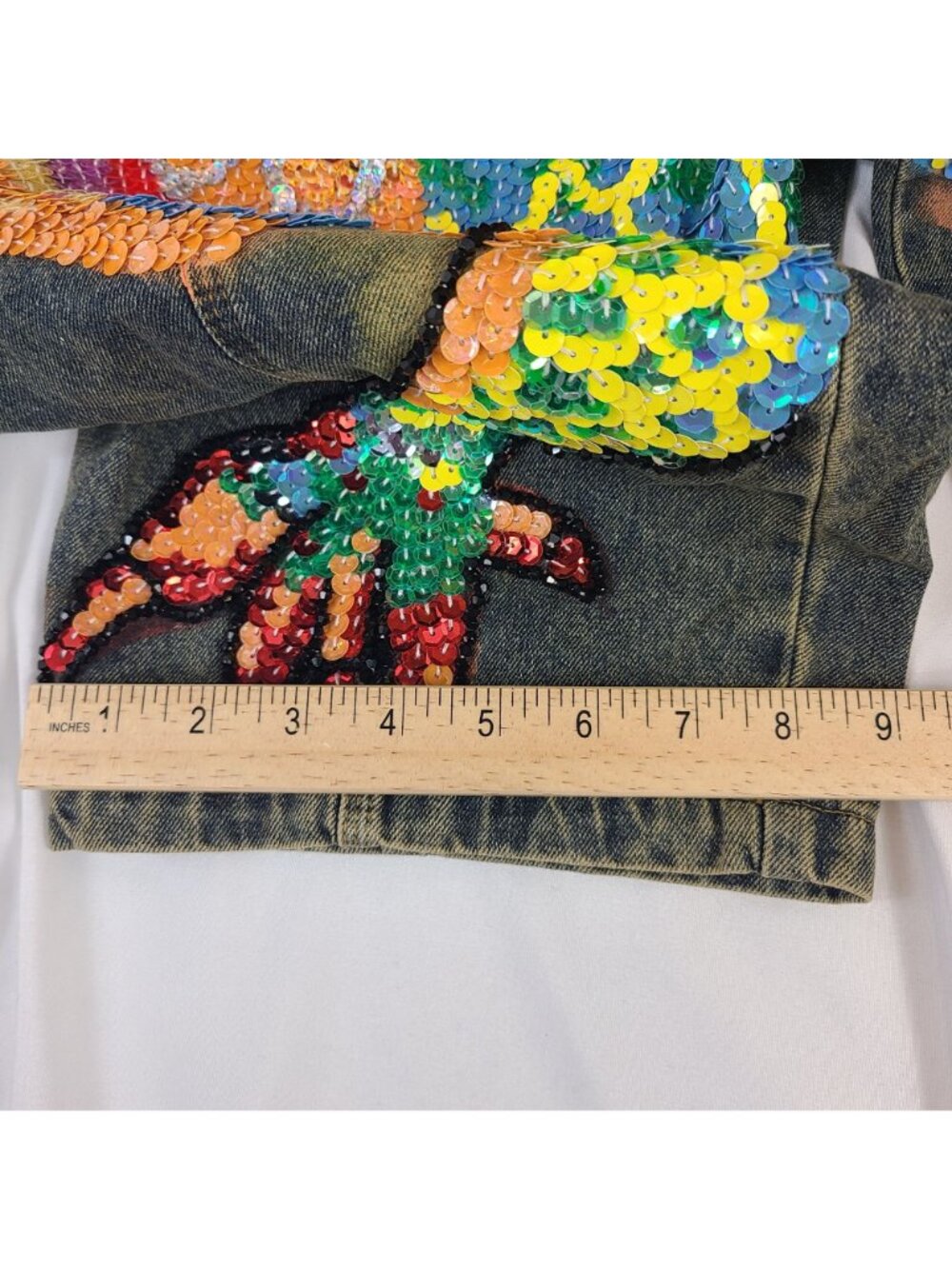 Kitmaple Denim Bib Overalls With Colorful Sequin Dragon Embroidery S-M - Picture 9 of 12
